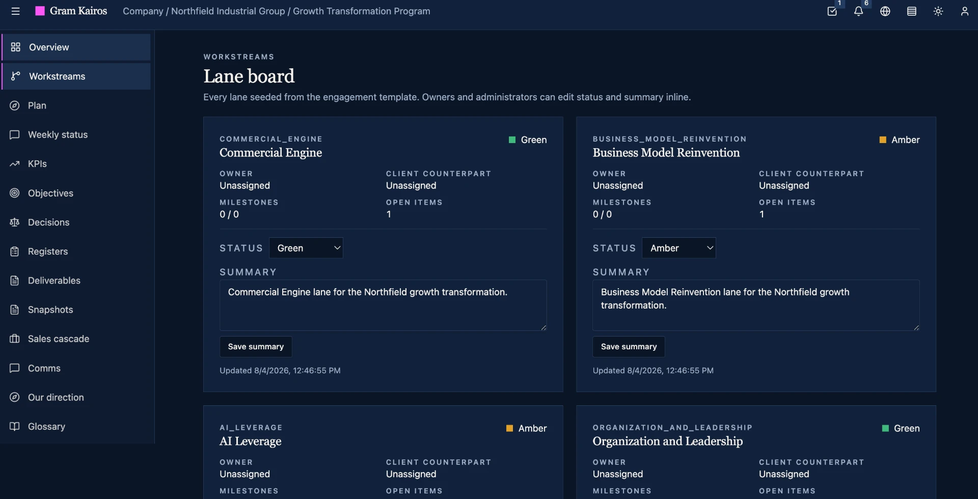 Workstream lane board showing commercial engine, business model reinvention, AI leverage, and organization lanes with status chips, owners, client counterparts, and open items.